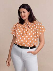 SHEIN Clasi Plus Size Women Dot Print Tie Neck Ruffle Sleeve Blouse
