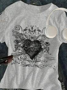 Sparklyn Tween 女童爱心印花休闲短袖圆领 T 恤 - 灰色 - 查看 3