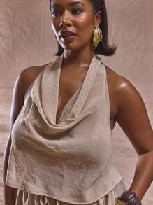 MUSERA Plus Size Halterneck Fitted Top Only Cute Elegant , Holiday, Elegant, Sundress , Holiday Spring Summer - Light Grey - View 4