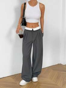 SHEIN EZwear Sommer Büro Vintage Stil Anzughose mit kontrastfarbigem Faltenüberschlag-Taillenbund und Midi-Taille - Grau - Übersicht 5