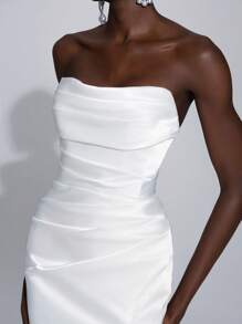 Elitara Thiết kế cầu tình yêu bằng vải dệt kim co giãn màu trắng thanh lịch và lộng lẫy, ống xếp ly toàn thân, xẻ tà gợi cảm, phù hợp cho mùa cưới, váy cưới, dịp trang trọng, váy cưới, cô dâu - trắng - Xem 6