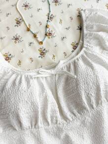 SHEIN TEENGIRL White Bubble Textured Fabric Square Neckline A-Line Short Shirt, Sweet Cute Blouse, Collegiate Shirt