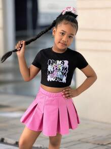 Tween Girls 2 件套：纯色可爱熊印花短款修身短袖 T 恤 + 粉色 PU 褶皱 A 字迷你裙，返校季、Y2K、时尚街头风格、甜美酷女孩 - 彩色 - 查看 4