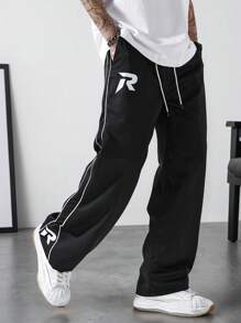 Manfinity EMRG 男士字母印花抽绳阔腿裤，运动裤，宽松直筒款式，夏季送给老公和男友的礼物，美国街头风 - 黑色 - 查看 4