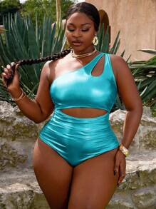 SHEIN Slayr CURVE Plus Size Women's Asymmetrical Cut Out PU Leather Gold One Shoulder Ruched One-Piece Swimsuit, Casual Holiday - Blue - View 6