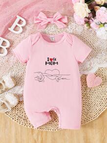 Mother's Day, Warm Love Slogan, Comfortable Soft Baby Girl Romper Shorts - Pink - View 2