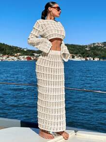 EURMUSE Crochet Knit Hollow Out 2pcs Cover Up Set, For Summer Beach Vacation - Beige - View 4