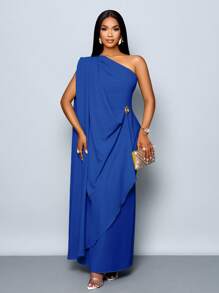 SOLERSUN 女士时尚优雅垂坠单肩长裙，配金色饰边细节