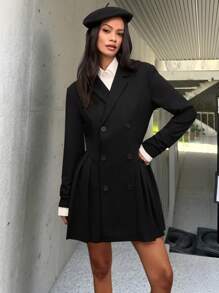 Manfinity VCAY 男女款休闲双排扣垫肩长款针织西装外套，适合秋冬 - 黑色 - 查看 4