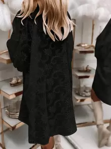 SHEIN VCAY 女士刺绣泡泡袖单排扣休闲衬衫 - 黑色 - 查看 2