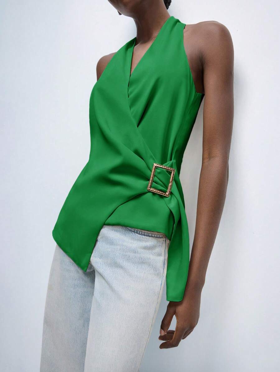 Maija 女式新款春夏白色金属扣假日优雅现代都市日常休闲上衣适合外出参加节日聚会和约会穿着老款90年代女装波西米亚风 - 綠色 - 查看 1