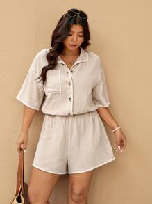 Elaquor 大码休闲假日拼色束腰纹理连体裤 - 杏色 - 查看 4