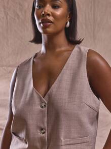 MUSERA Plus Size V Neck Linen Marble Button Sleeveless Cute Elegant Casual Graceful, Formal Waistcoat Only For Business, Graduation, Brunch , Holiday Autumn Winter Fall