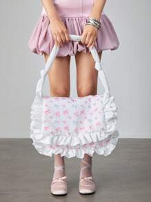 ROMWE Kawaii 1 pieza Bolso de mano con decoración de lazo y volantes en color rosa, de gran capacidad, adecuado para el día de San Valentín y citas