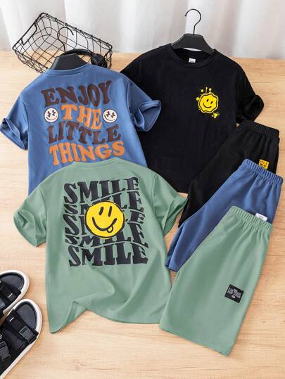 SHEIN Tween Boy Mua 4 Tặng 2, 6 chiếc/Bộ Áo phông họa tiết trơn màu thường ngày & Quần short lưng thun chữ tương phản, Thích hợp mặc ngoài trời, đi học, dạo phố, tiệc tùng và mặc ở nhà thường ngày vào mùa thu và mùa xuân, Giá trị tuyệt vời