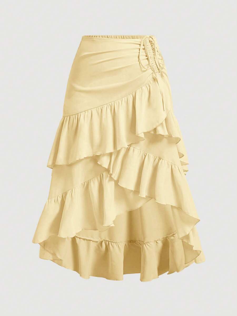 SHEIN MOD Plus Size Yellow Asymmetric Ruffle Hem Drawstring Pleated Layered Party Skirt - Yellow - View 1