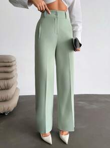 EURMUSE Quần dài cạp cao dệt thanh lịch có túi dành cho nữ - Màu xanh Bạc hà - Xem 5