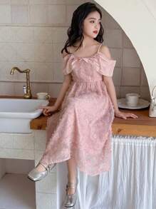 DAZY Tween Girls' Jacquard Off Shoulder Short Sleeve Elegant Dress,Girls Summer Outfits,Back To School Clothes