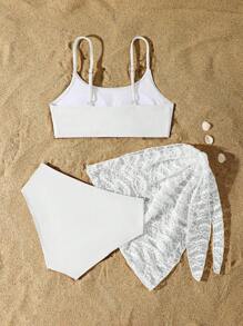 SHEIN Conjunto de tankini de traje de baño con estampado lindo para niña preadolescente de vacaciones - Blanco - Ver 2