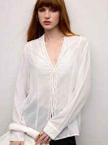 BizChic 女士春夏优雅雪纺花卉蕾丝拼布系带 V 领长袖衬衫，适合日常、工作、约会、通勤、度假