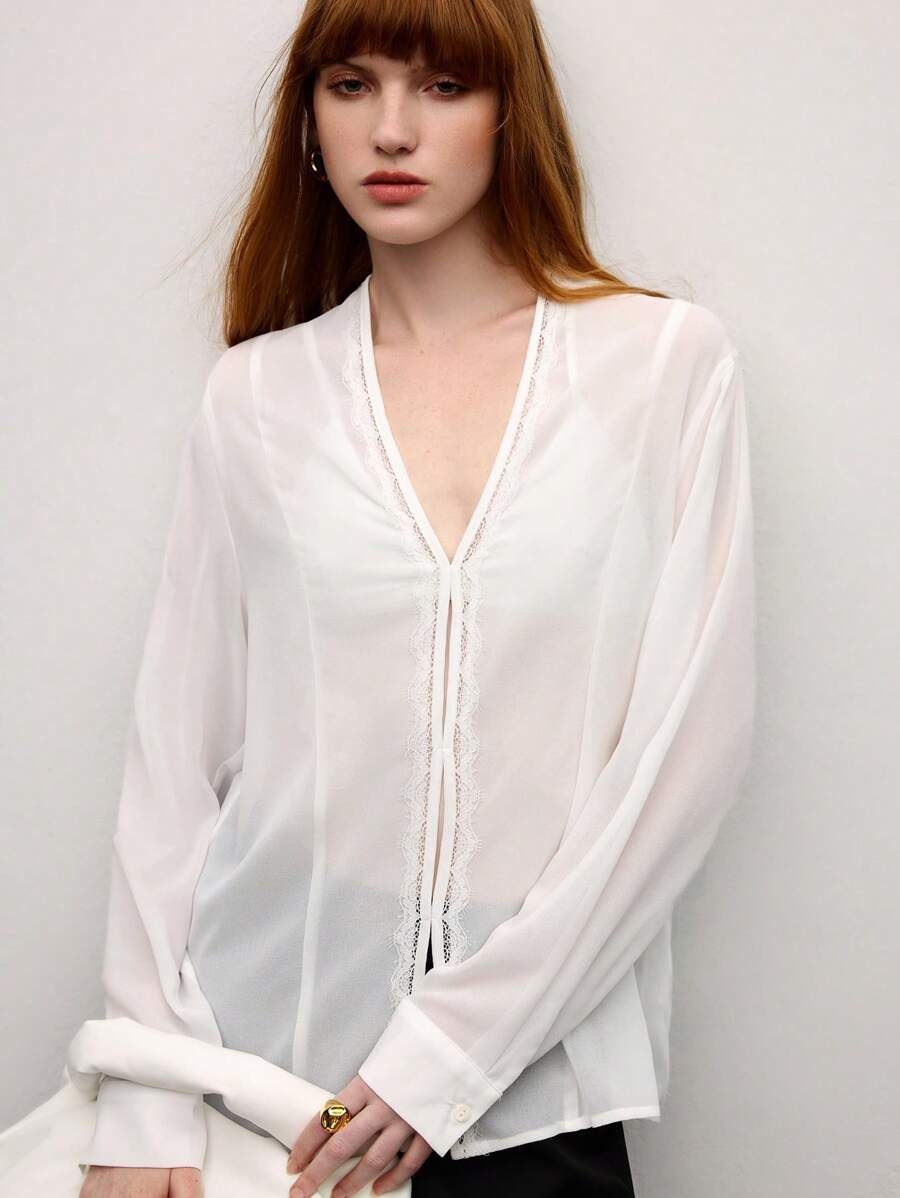 BizChic 女士春夏优雅雪纺花卉蕾丝拼布系带 V 领长袖衬衫，适合日常、工作、约会、通勤、度假