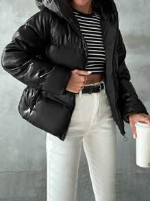 EURMUSE Zip Up Hooded Puffer Coat - Black - View 5