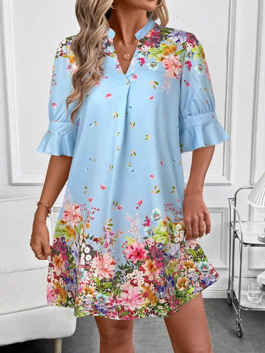 SHEIN Clasi Damen Mittelarm Kleid mit Blume Muster für Valentinstag, Frühling/Sommer