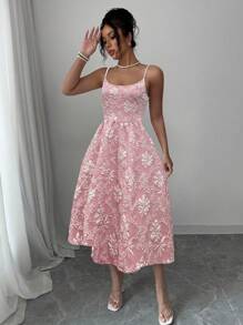 Elenzga Bohemian Texture Floral Print Camisole A-Line Peach Dress, Suitable For Spring & Summer Vacation - Pink - View 4