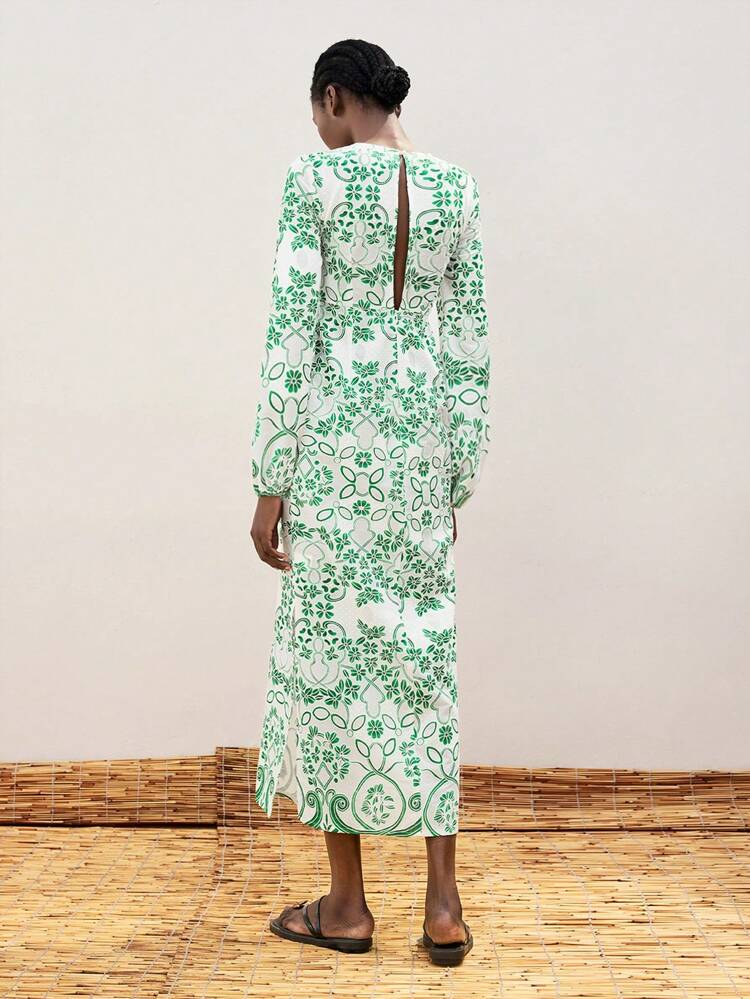 SHEIN Maija 2025 Spring & Summer New Casual Fashion Beach Resort Green Floral Print Bow Design Maxi Dress For Women, Comfortable Everyday Casual Romantic Holiday Outfit Suitable For Outings, Parties, Wedding, Dates, Music Festivals, Graduation