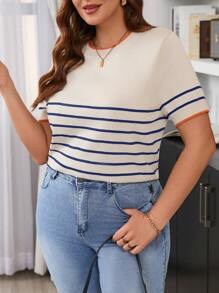 SHEIN Frenchy Plus Size French Style Casual Minimalist Striped Knit Sweater,Short Sleeve Top - Navy Blue - View 5