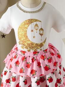 2pcs Set: Young Girl Moon Print Short Sleeve T-Shirt And Floral Print Layered Ruffle Hem Skirt, Cute And Playful - Pink - View 6
