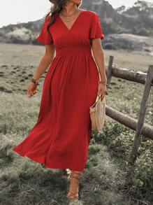 EMERY ROSE Plus Size V-Neck Cinching Waist Split Batwing Sleeve Dress Maxi Women Outfit - Red - View 5
