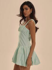 MUSERA Ruched Bust Strappy Fitted Puffball Bubble Mini Dress Spring Summer Vacation Elegant Cute Sexy Teal Blue Lake Blue Aqua - Mint Green - View 2
