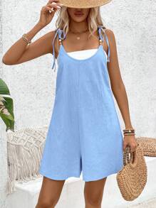 Breezaya One-Piece Solid Color Washed Cotton Round Neck Pearl Jumpsuit, Resort Wear - Blue - View 6