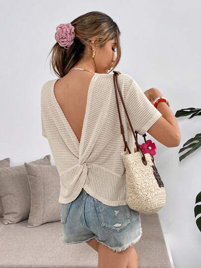 SHEIN Frenchy Women's Solid Color Back Twist Lace Panel Short Sleeve T-Shirt Summer Casual