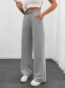 EURMUSE Women Pocket And Drawstring Detailed Wide Leg Contrast Side Stripe Pant - Grey - View 5