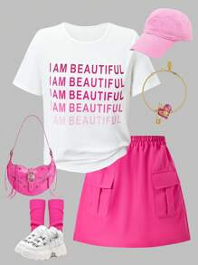 2 pièces Ensemble T-shirt à manches courtes et jupe avec poches, imprimé lettres pour adolescente, printemps/été. Mignon et dynamique pour des rassemblements informels - Multicolore - Voir 3