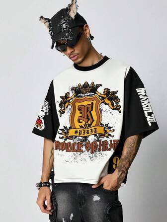 Prep Camiseta corta con estampado y bloques de color oversize, estilo urbano