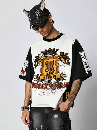 Prep Camiseta corta con estampado y bloques de color oversize, estilo urbano