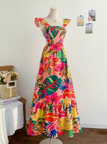 Soleia Women's Tropical Plant Print Ruffled Sleeve Dress Beach Vacation Outfits Spring Summer Outfits For Women West Music Festival Bohemia Holiday Boho