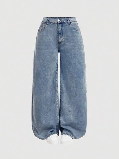 SHEIN MOD MOD Plus Size Low Waist Wide Leg Long Blue Jeans