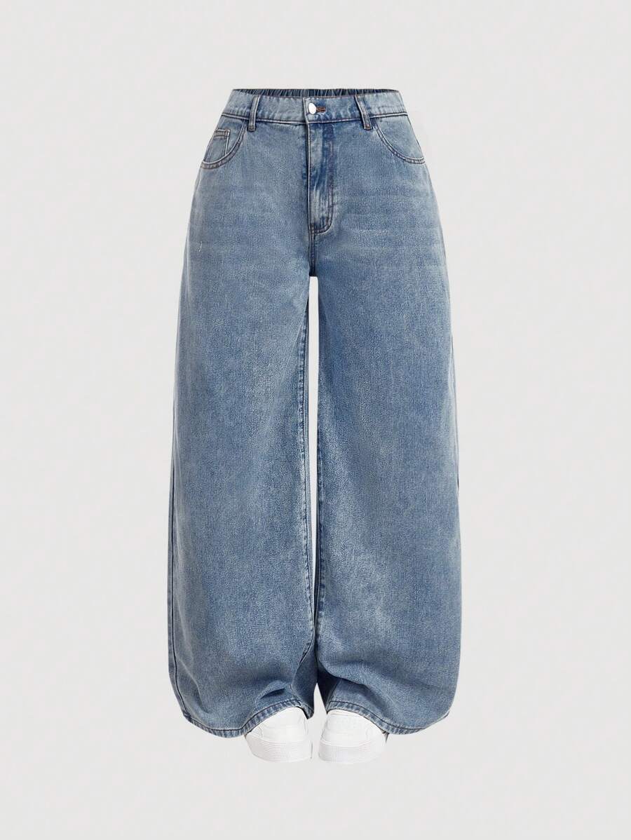 SHEIN MOD MOD Plus Size Low Waist Wide Leg Long Blue Jeans