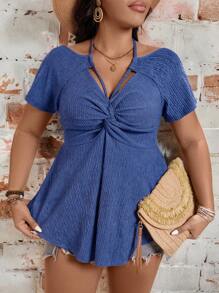 Breezaya Plus Size Vrouwen Strik Voorkant Knoop Korte Mouw Effen Kleur T-shirt