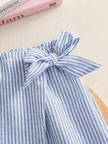 SHEIN Tween 女童夏季休闲假日 U 领罗纹弹力无袖上衣和裹身条纹短裤套装 - 白色 - 查看 4