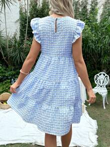 SHEIN Maternity Plaid Round Neck Ruffled Hem Cap Sleeve Cute Nursing Dress - Blue and White - View 2