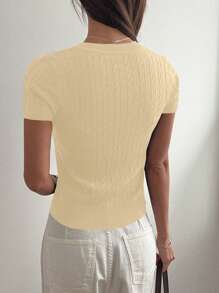 DAZY Embroidered Pattern Slim Fit V-Neck Short Sleeve Ladies Knit Sweater, Spring/Summer - Yellow - View 2
