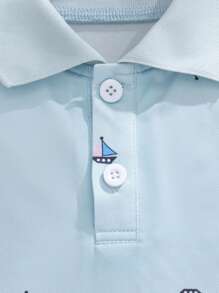 Souflis Souflis New Toddler Boys Summer Simple Fashion Polo Shirt With Ribbed Collar And Cuffs, Cute Boat Print And Striped Shorts, Stylish Suit - Multicolor - View 5