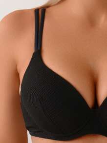 SHEIN 2 件套聚拢女士夏季海滩简约纯色纹理面料细肩带黑色比基尼套装 - 黑色 - 查看 5