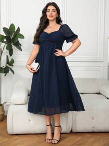 SHEIN Clasi 大码女式褶皱泡泡袖 A 字型优雅连衣裙 - 藏蓝色 - 查看 5