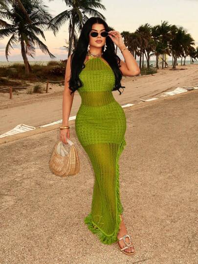 SHEIN SXY 大码女式春夏优雅性感日常基本款波西米亚风彩色钩针波浪图案高开叉连衣裙，露背流苏下摆度假连衣裙